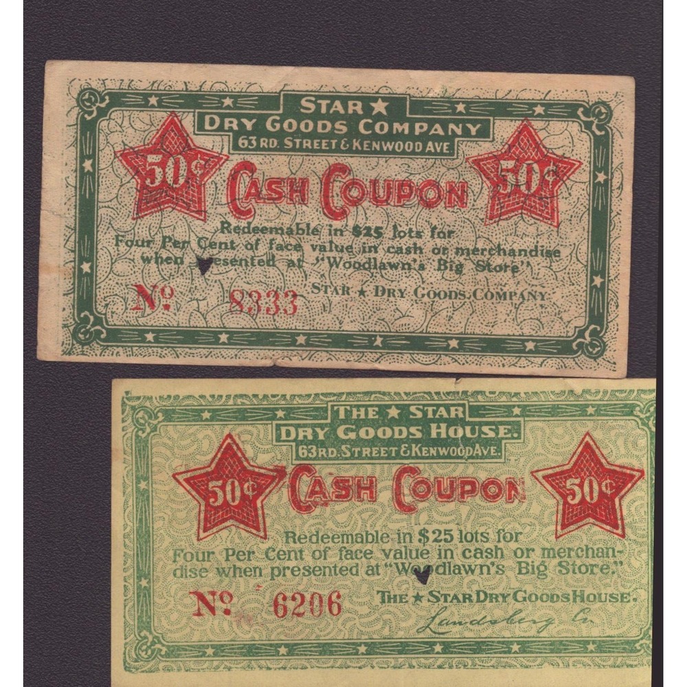 Vintage Star Dry Goods House 50 Cent Cash Coupons Woodlawn Big Store Scrip Lot 2